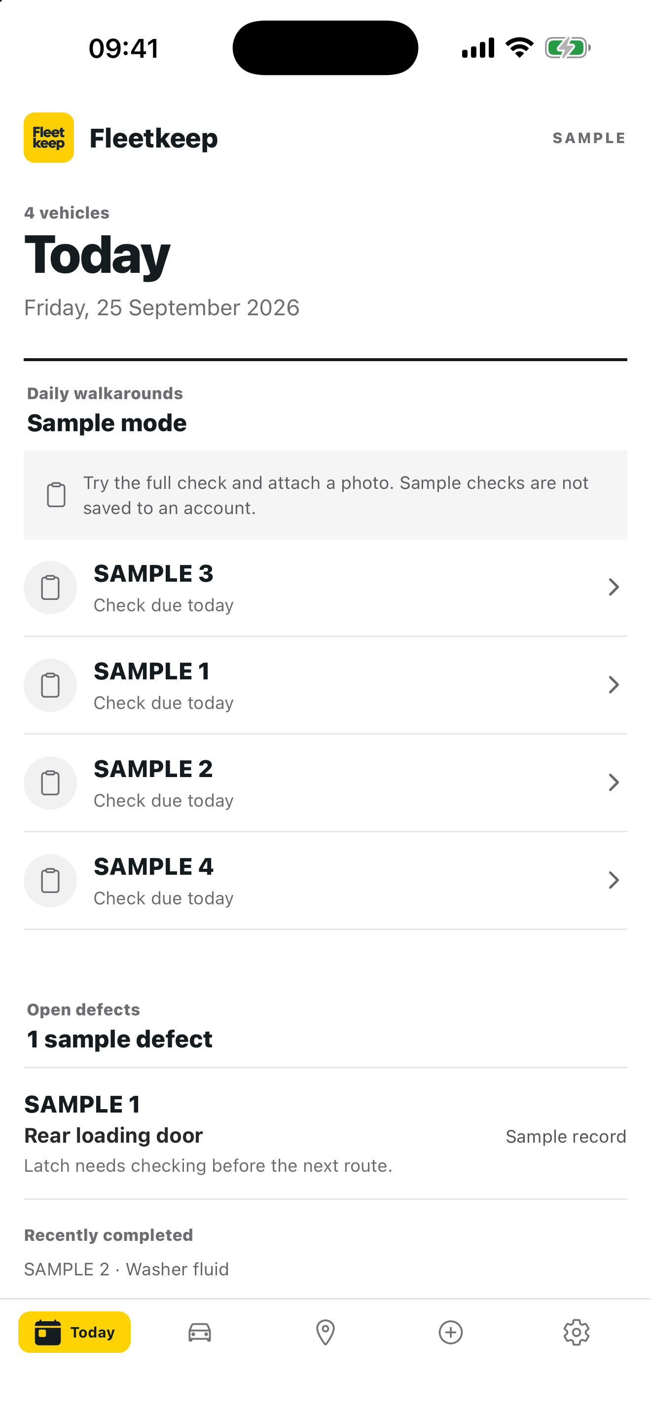 Fleetkeep mobile app Today screen showing due vehicle checks and an open defect using example data.